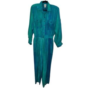 Vintage 90s TurquoiseSilk Watercolor Button Front Jumpsuit Coastal Boho
